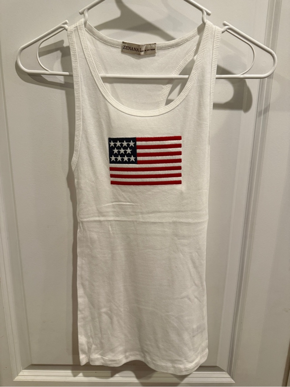 Zenzana White Ribbed American Flag Tank Top